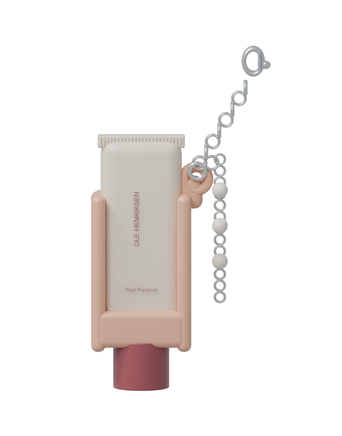 Cream lip treatment tube in a peach silicone sleeve, with an accessible burgundy cap and chain attached to a reinforced side eyelet.