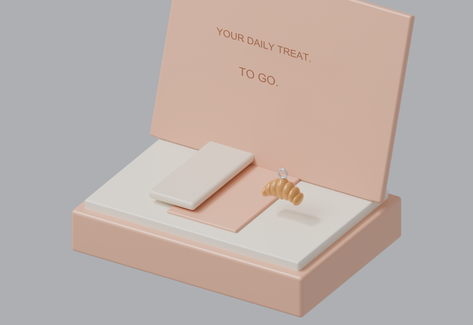 Original render of a small open peach pastry box with a cream insert and miniature charm.