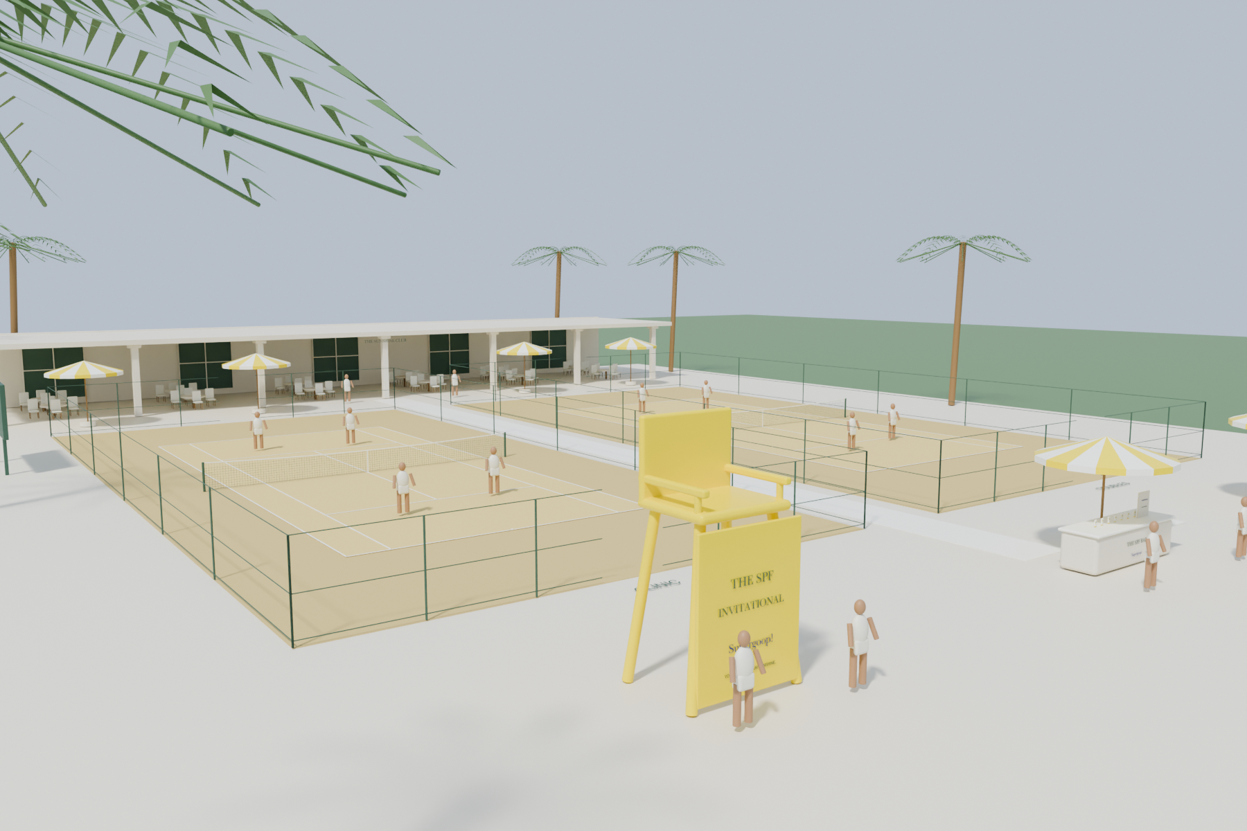 Original Blender proposal: two butter-yellow tennis courts with a shaded cream clubhouse and a yellow portrait chair beyond the playing areas.