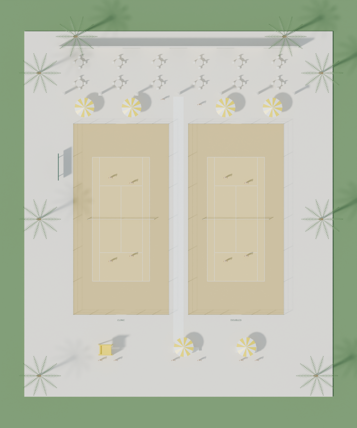 Overhead plan: two courts flank a central route, with the clubhouse north and arrival, sampling and portrait stations south.